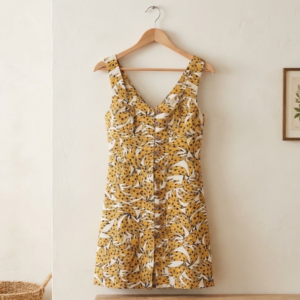 Farm Rio Yellow Banana Print Button Front Mini Dress Sweetheart Back XS Vacay
